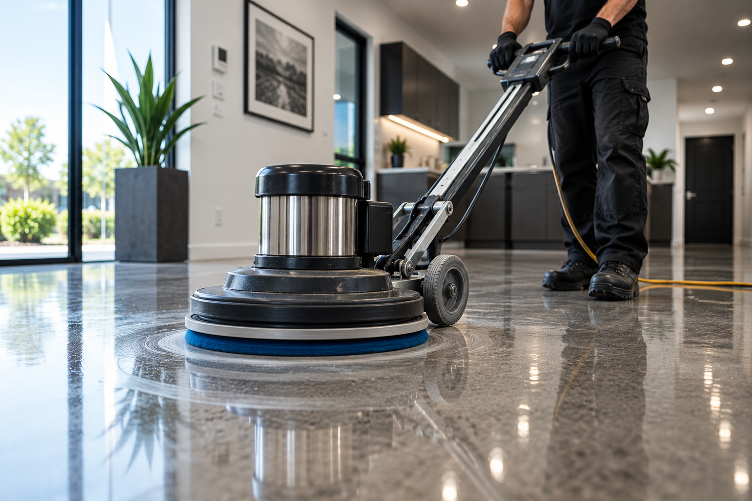 Hard-floor scrubbing and polishing in a commercial entry area