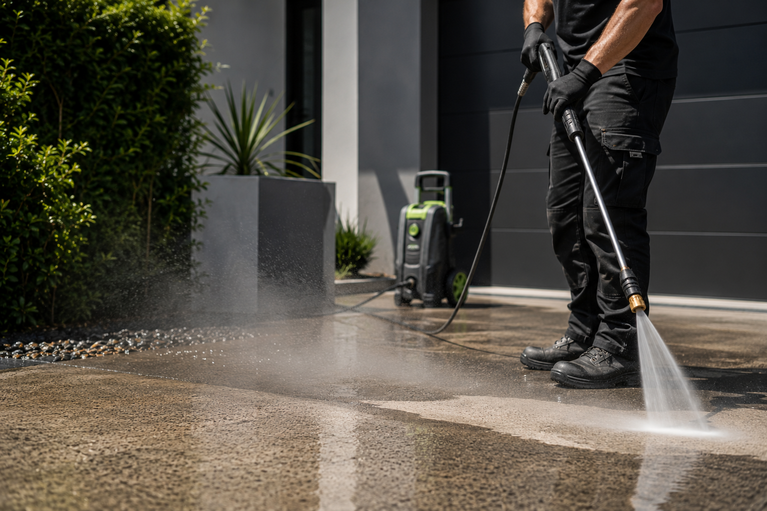Pressure cleaning a concrete driveway back to a clean finish