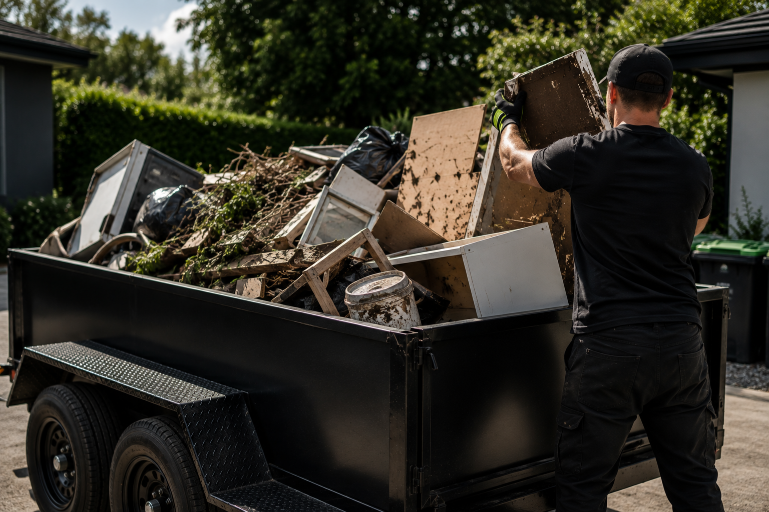 Loading green waste and unwanted items into a tipper trailer