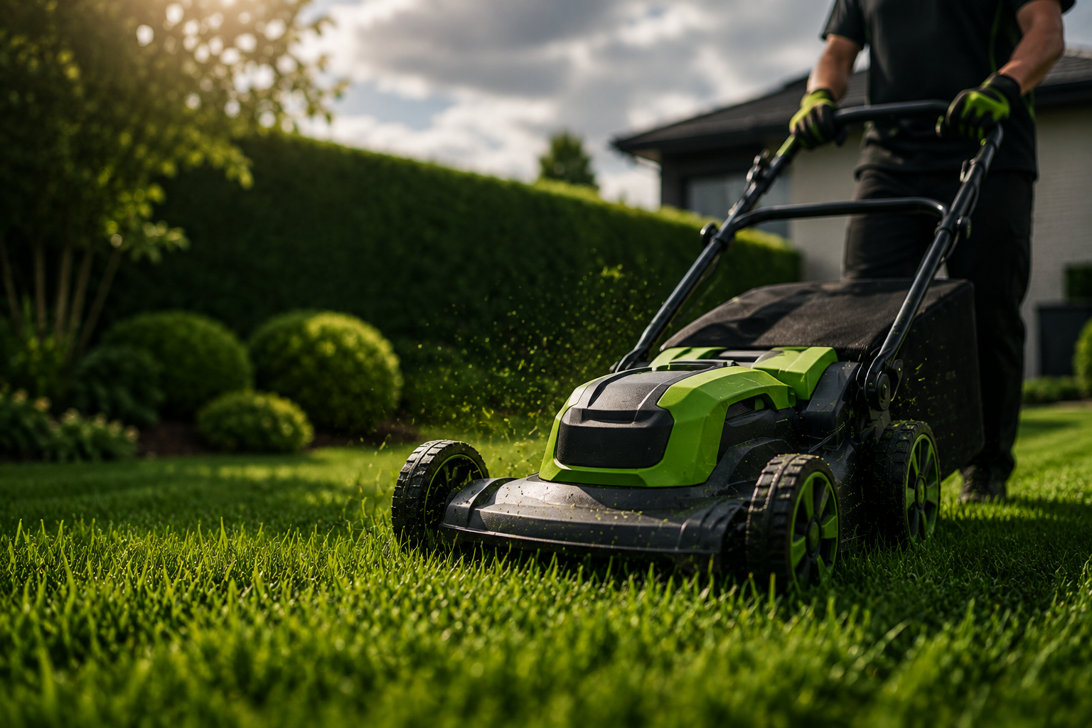 Mowing a healthy, freshly striped lawn beside trimmed hedges
