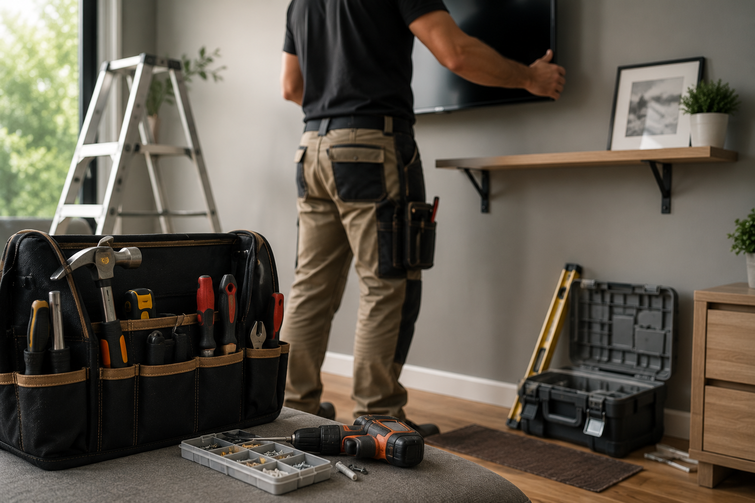 Tools laid out while a TV is mounted to a living-room wall