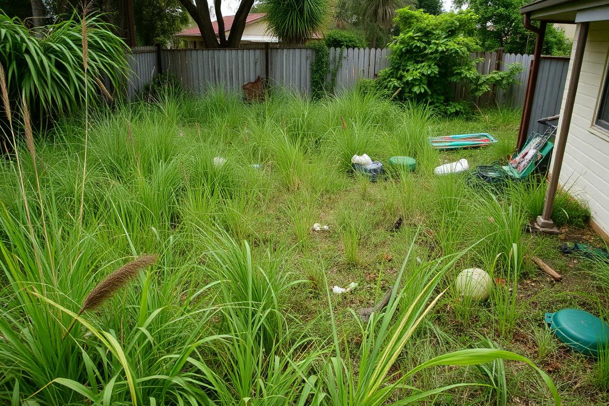 Overgrown rear yard photographed on arrival